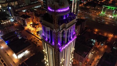 drone footage of the Narcissus Hotel tower in Riyadh, Kingdom of Saudi Arabia, the beauty of the night lights of Narcissus Hotel in Riyadh, Riyadh roads and streets