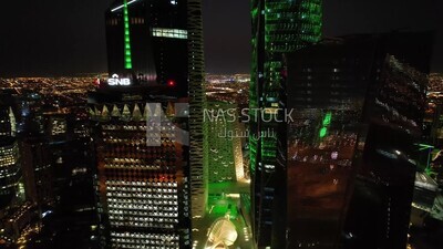 drone footage of the King Abdullah Financial District in Riyadh, tourism in Saudi Arabia, King Abdullah Financial District (KAFD) Metro Station, saudi national day, green lights
