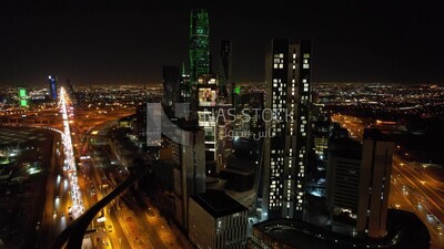 drone footage of the King Abdullah Financial District in Riyadh, tourism in Saudi Arabia, King Abdullah Financial District (KAFD) Metro Station, saudi national day, green lights