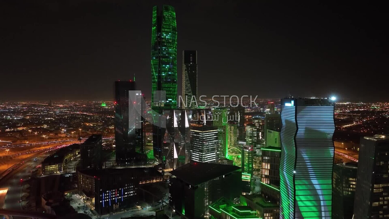drone footage of the King Abdullah Financial District in Riyadh, tourism in Saudi Arabia, King Abdullah Financial District (KAFD) Metro Station, saudi national day, green lights