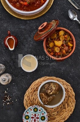 Bowl of trotters soup with vegetable torly, casserole of delicious trotter soup, Arabic meals, trotter soup