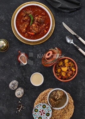 Bowl of trotters soup with vegetable torly, casserole of delicious trotter soup, Arabic meals, trotter soup