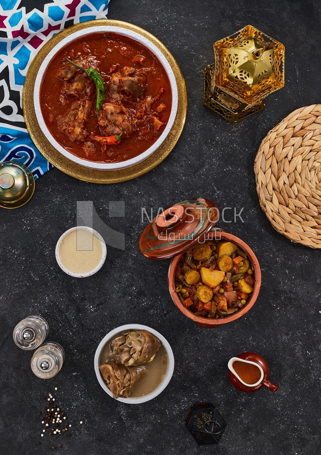 Bowl of trotters soup with vegetable torly, casserole of delicious trotter soup, Arabic meals, trotter soup