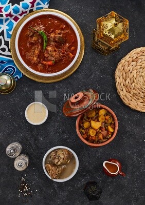 Bowl of trotters soup with vegetable torly, casserole of delicious trotter soup, Arabic meals, trotter soup