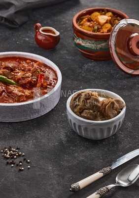 Bowl of trotters soup with vegetable torly, casserole of delicious trotter soup, Arabic meals, trotter soup