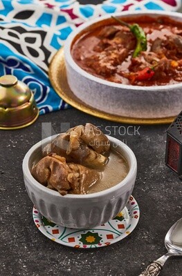 Bowl of trotters soup, casserole of delicious trotter soup, Arabic meals, trotter soup