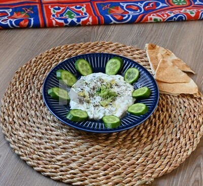 Plate of yogurt salad with cucumber, delicious salad, Arabic restaurants