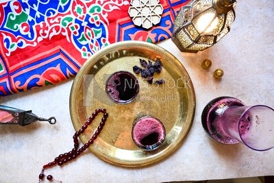 Two cups of hibiscus on the table, Ramadan juice, delicious juice