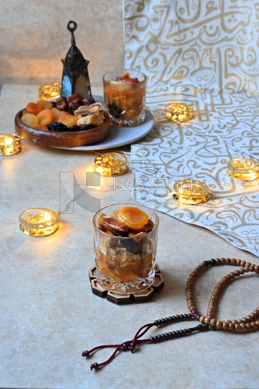 Cup of khoshaf, Dried Fruit, and nuts salad, delicious dessert, Ramadan juice, delicious juice, traditional juice