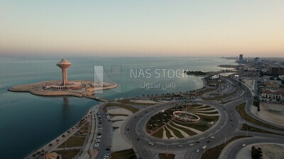 drone footage of the Al-Khobar Tower in the eastern region, Al-Khobar Governorate, King Abdul Aziz Port in Al-Khobar in the Kingdom of Saudi Arabia, Dammam Port, Tourism in Saudi Arabia.