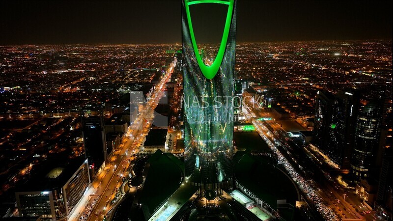 drone footage of the Kingdom Tower in Riyadh, Saudi Arabia, towers and skyscrapers, Kingdom Tower, famous Riyadh landmarks, roads and streets, tourism in Saudi Arabia, Saudi national day.