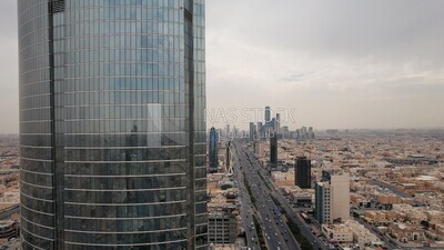 drone footage of Burj Rafal  in the city of Riyadh in the Kingdom of Saudi Arabia, Saudi Arabia, towers and skyscrapers, Riyadh Towers, famous Riyadh landmarks.