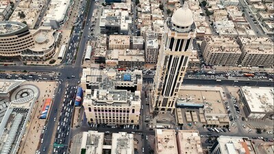 drone footage of the Olaya Towers in Riyadh, Saudi Arabia, towers and skyscrapers, Riyadh Towers, famous Riyadh landmarks.