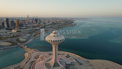 Drone footage of the Al-Khobar Tower in the eastern region, Al-Khobar Governorate, King Abdul Aziz Port in Al-Khobar in the Kingdom of Saudi Arabia, Dammam Port, Tourism in Saudi Arabia.