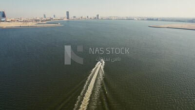 drone footage of a boat in the sea in the marine destination of Dammam in Saudi Arabia, the beauty of the city of Dammam in the eastern region of the Kingdom of Saudi Arabia, Dammam Port.