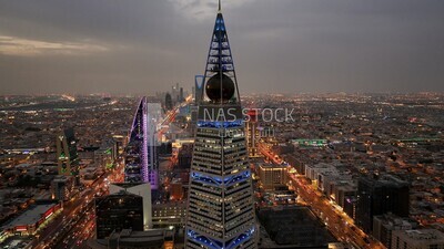 drone footage of the Al Faisaliah Tower in the city of Riyadh in the Kingdom of Saudi Arabia, Saudi Arabia, towers and skyscrapers, Riyadh Towers, famous Riyadh landmarks.HD