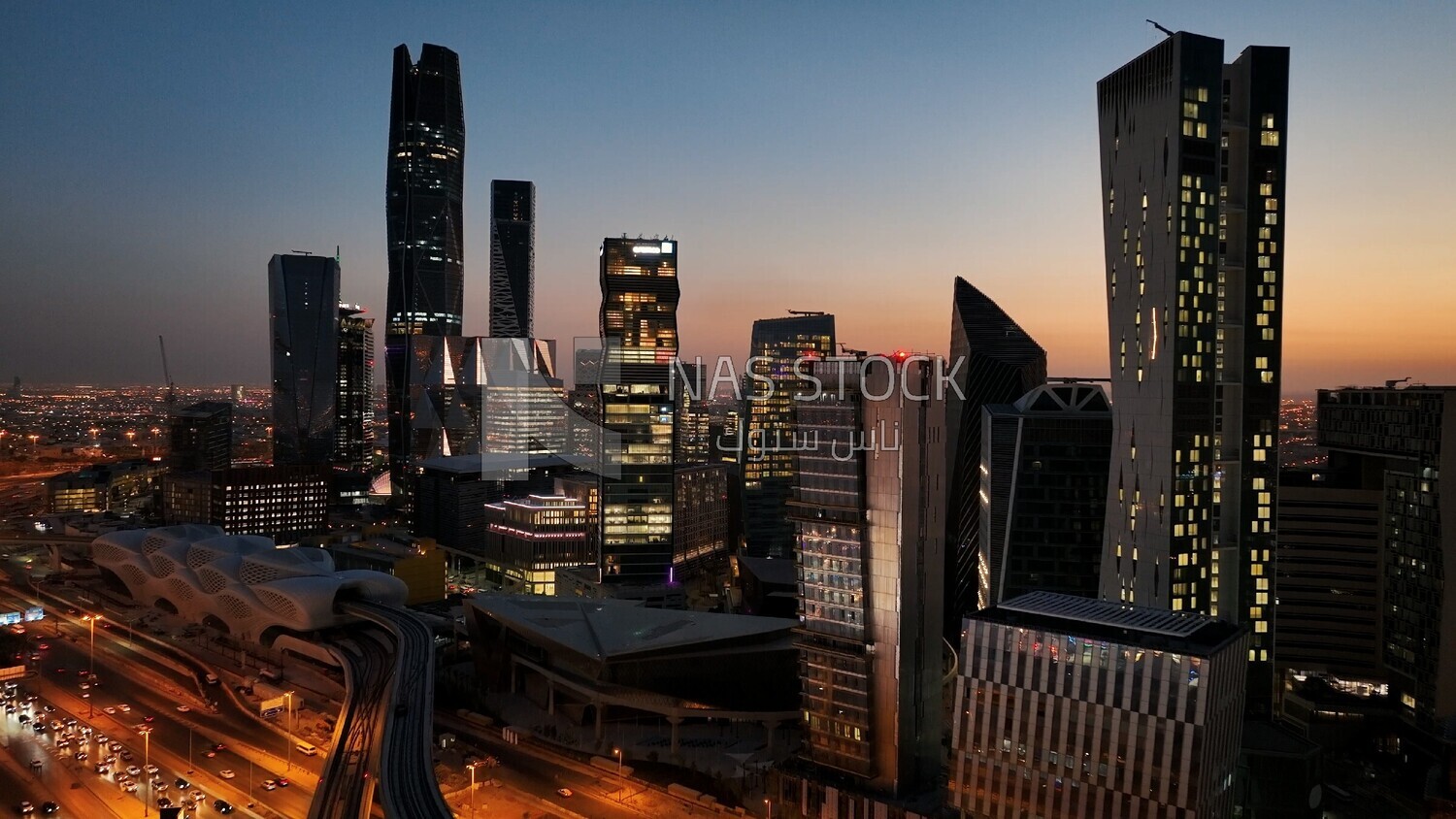 drone footage of the King Abdullah Financial District in Riyadh, tourism in Saudi Arabia, King Abdullah Financial District (KAFD) Metro Station, Riyadh towers.HD