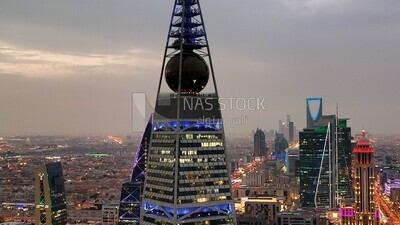 drone footage of the Al Faisaliah Tower in the city of Riyadh in the Kingdom of Saudi Arabia, Saudi Arabia, towers and skyscrapers, Riyadh Towers, famous Riyadh landmarks.HD