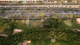 drone footage of Peace Park Lake in Riyadh, view of car traffic, Saudi Arabia, tourist attractions in Riyadh, tourism in Saudi Arabia, natural view, famous Riyadh landmarks.HD