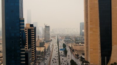 drone footage of King Fahd Road in Riyadh in the Kingdom of Saudi Arabia, Riyadh roads and streets, famous towers in Riyadh, city skyline in Riyadh.HD