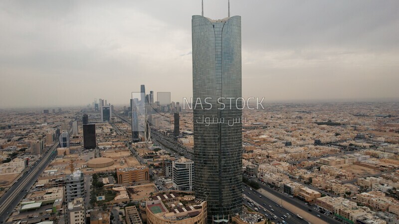 drone footage of Burj Rafal in the city of Riyadh in the Kingdom of Saudi Arabia, Saudi Arabia, towers and skyscrapers, Riyadh Towers, famous Riyadh landmarks.4K