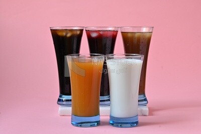 Five cups of Arabian juice served in the holy month of Ramadan, carob, hibiscus, Ramadan drinks, Ramadan Juices