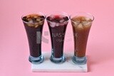 Three cups of Arabian juice served in the holy month of Ramadan, carob, hibiscus, Ramadan drinks, Ramadan Juices