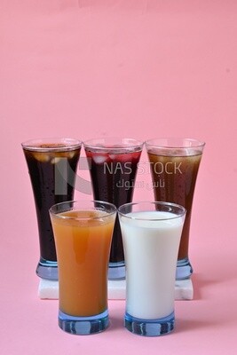 Five cups of Arabian juice served in the holy month of Ramadan, carob, hibiscus, Ramadan drinks, Ramadan Juices
