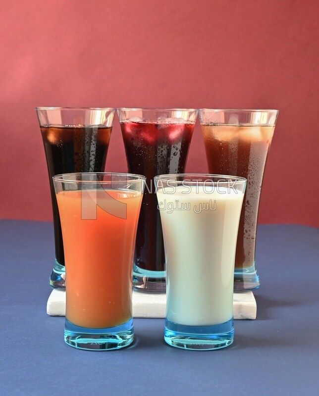 Five cups of Arabian juice served in the holy month of Ramadan, carob, hibiscus, Ramadan drinks, Ramadan Juices