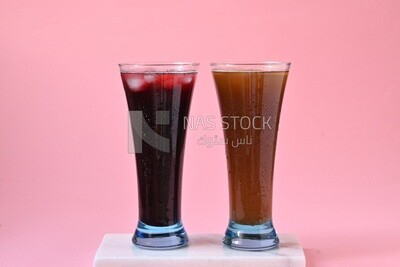 Two cups of Arabian juice served in the holy month of Ramadan, carob, hibiscus, Ramadan drinks, Ramadan Juices