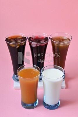Five cups of Arabian juice served in the holy month of Ramadan, carob, hibiscus, Ramadan drinks, Ramadan Juices