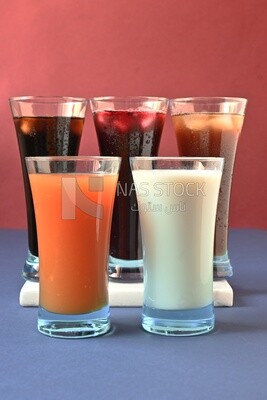 Five cups of Arabian juice served in the holy month of Ramadan, carob, hibiscus, Ramadan drinks, Ramadan Juices