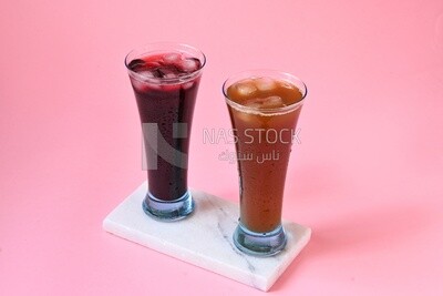 Two cups of Arabian juice served in the holy month of Ramadan, carob, hibiscus, Ramadan drinks, Ramadan Juices