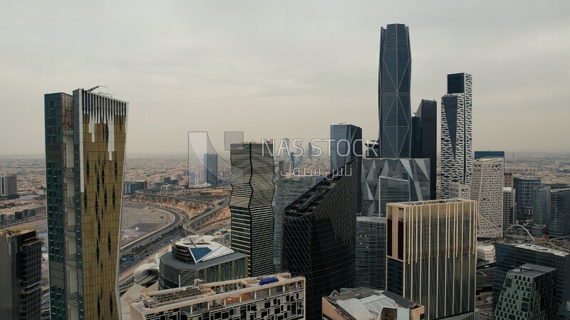 drone footage of the King Abdullah Financial District in Riyadh, tourism in Saudi Arabia, King Abdullah Financial District (KAFD) Metro Station, Riyadh towers.4K