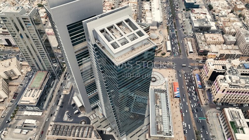 drone footage of the Olaya Towers in Riyadh, Saudi Arabia, towers and skyscrapers, Riyadh Towers, famous Riyadh landmarks.4K