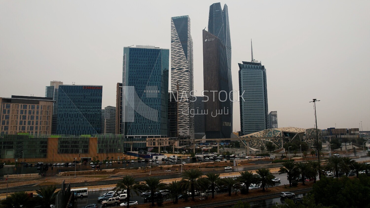 drone footage of the King Abdullah Financial District in Riyadh, tourism in Saudi Arabia, King Abdullah Financial District (KAFD) Metro Station, Riyadh towers.4K