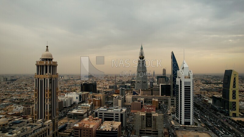 drone footage of the Al Faisaliah Tower in the city of Riyadh in the Kingdom of Saudi Arabia, Saudi Arabia, towers and skyscrapers, Riyadh Towers, famous Riyadh landmarks.HD