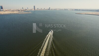 drone footage of a boat in the sea in the marine destination of Dammam in Saudi Arabia, the beauty of the city of Dammam in the eastern region of the Kingdom of Saudi Arabia, Dammam Port.4k