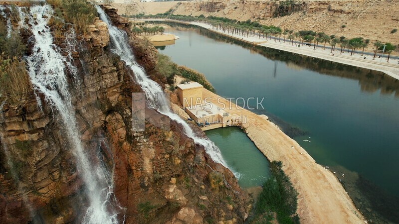 drone footage of Wadi Namar lake in Riyadh, Saudi Arabia, Wadi Hanifa in Riyadh, tourism in Saudi Arabia, natural view, Wadi Namar waterfall in Riyadh, famous Riyadh landmarks.4K