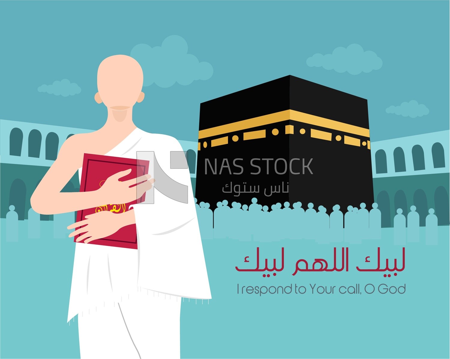 Illustration design of a Muslim man performing Hajj and holding a Quran