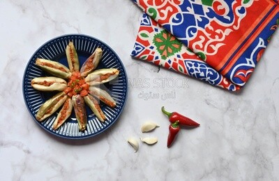 Plate of Pickled eggplant with sauce in it beside garlic and red pepper, Egyptian pickles, Arabic restaurants