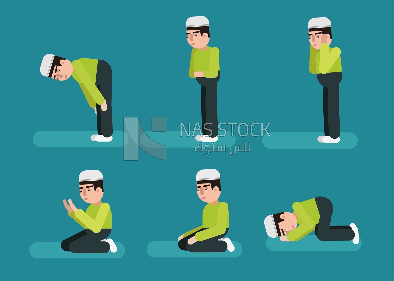 Illustration design of Muslim man praying , Teaching prayer  , how to pray