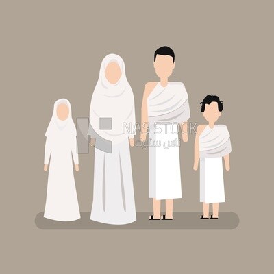Illustration design of  Muslim family wears Ihram clothes