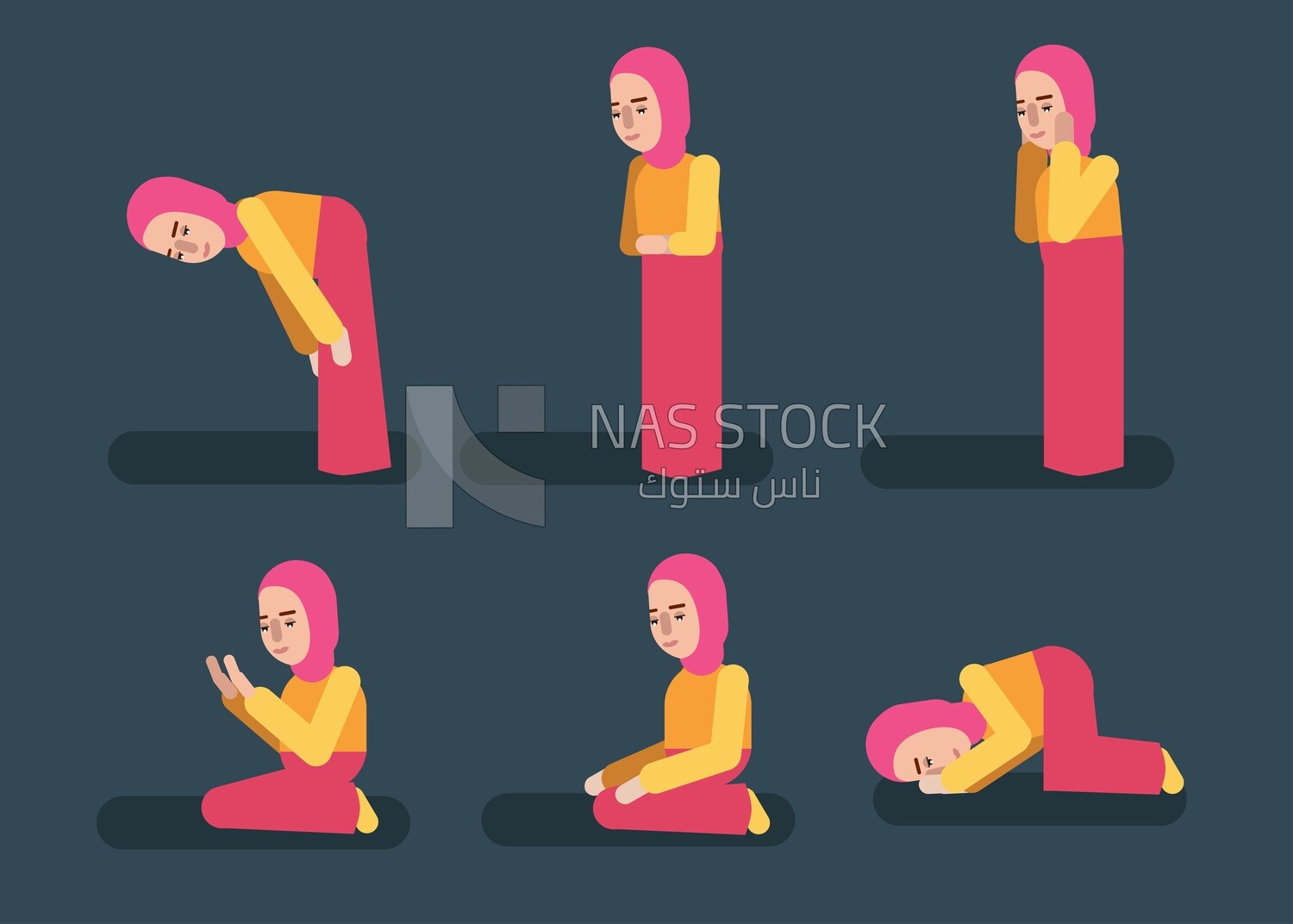 Illustration design of Muslim woman praying , Teaching prayer  , how to pray