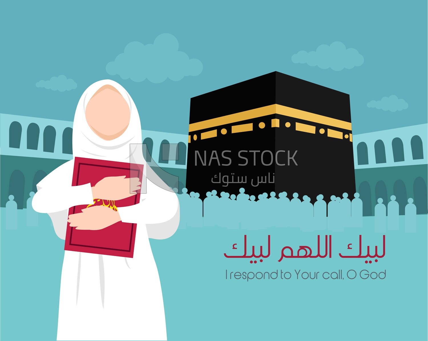 Illustration design of a Muslim woman performing Hajj and holding a Quran