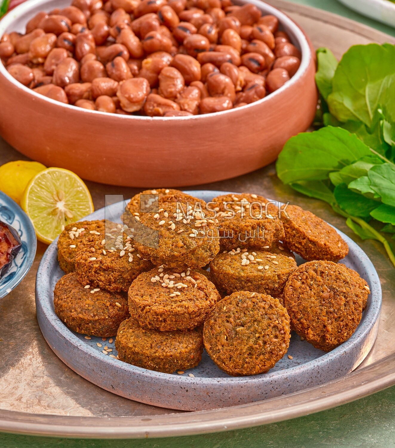 close-up of  falafel tablets, Arabic breakfast, arab restaurant,  oriental breakfast