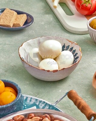 close up of a plate of Boiled egg,  Arabic breakfast, oriental breakfast, arab restaurant