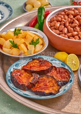 close up of a dish of fried eggplant, Arabic breakfast, oriental breakfast, arab restaurant
