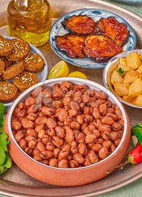 Close-up of oriental breakfast, a dish of foul medames, Arabic breakfast, arab restaurant