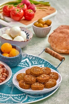 Close-up of  falafel tablets, Arabic breakfast, arab restaurant,  oriental breakfast